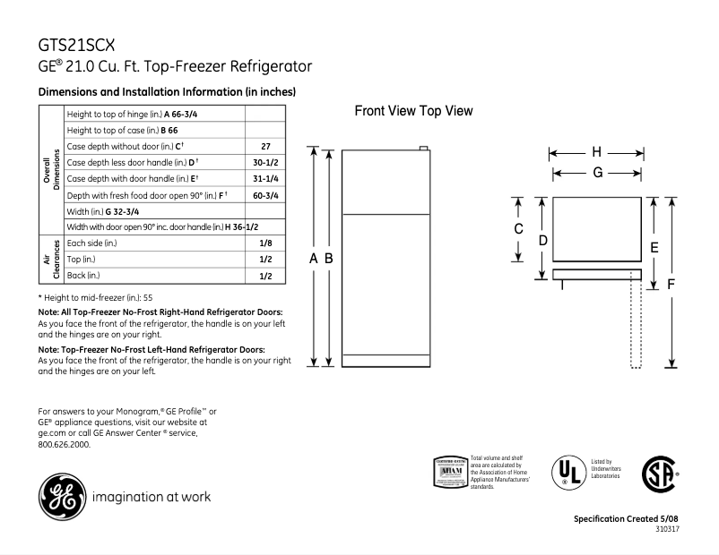 Page 1 de la notice Fiche technique GE GTS21SCXSS