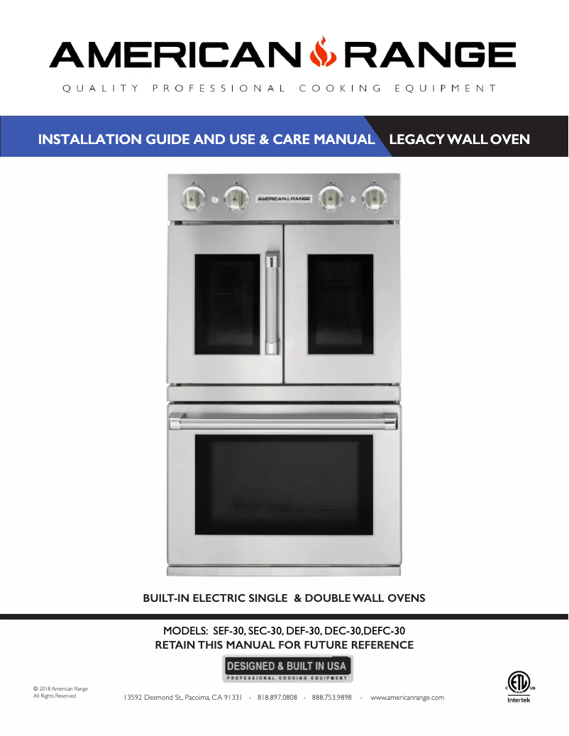 Page 1 de la notice Manuel utilisateur American Range SEF30