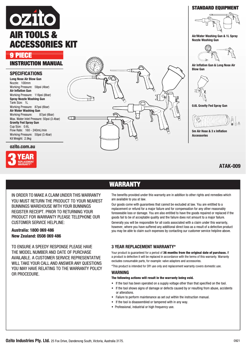 Page n°1 - Manuel utilisateur Ozito ATAK-009