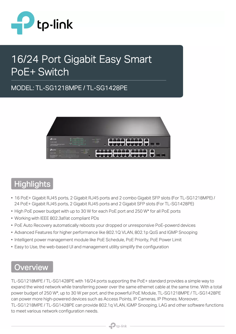 Page n°1 - Fiche technique TP-Link JetStream TL-SG1218MPE