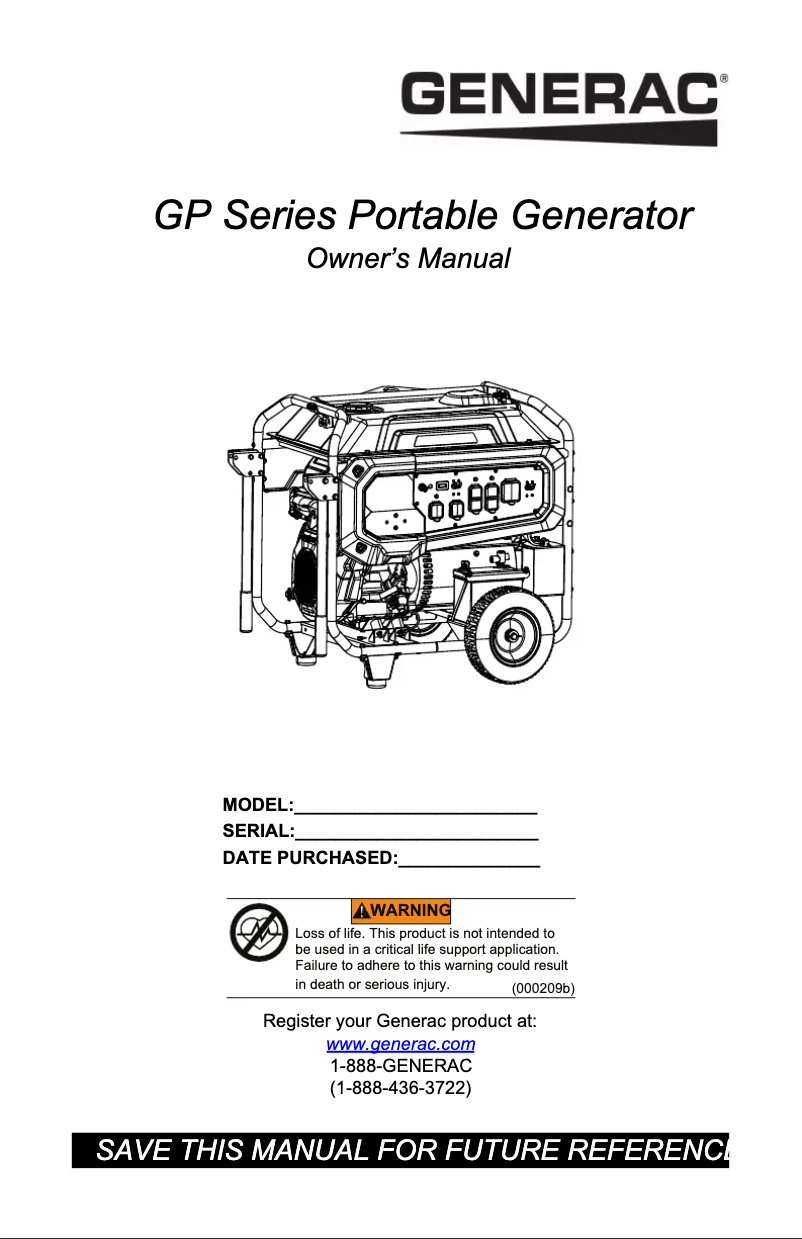 Page n°1 - Manuel utilisateur Generac GP18000EFI