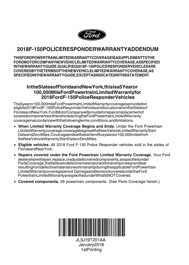 Page 1 de la notice Informations de garantie Ford F-150 (2018)