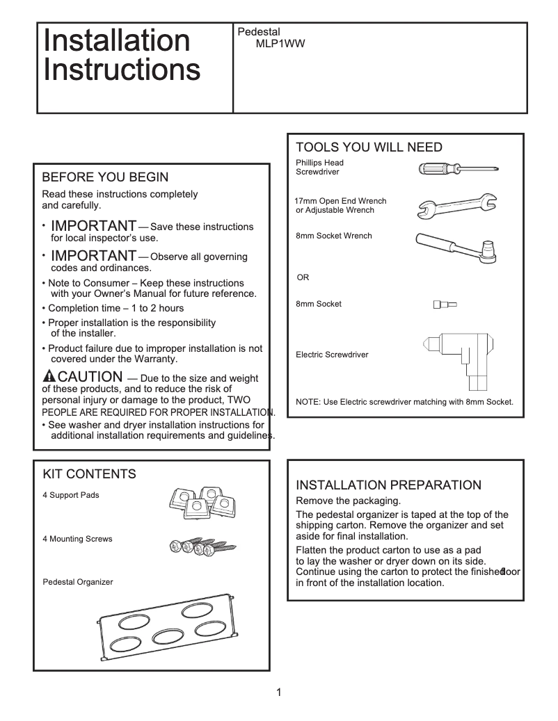 Page 1 de la notice Manuel utilisateur Element MLP1WW