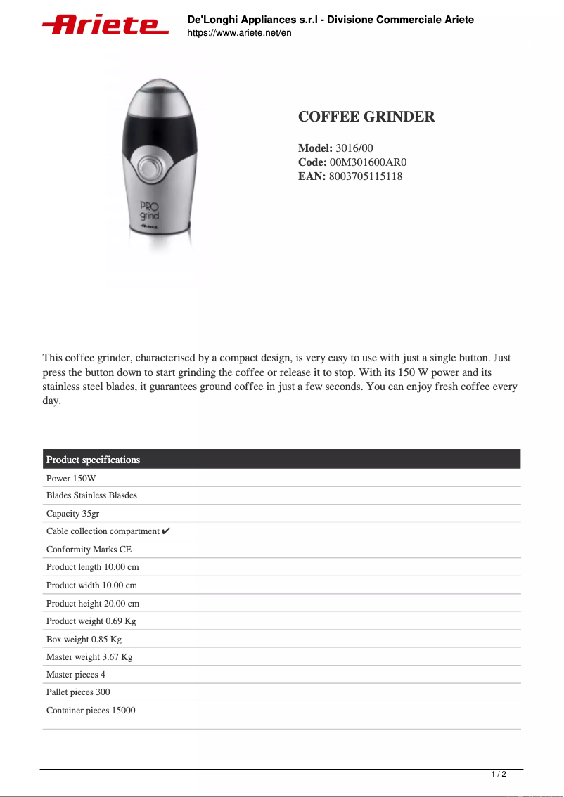 Page 1 de la notice Fiche technique Ariete Pro Grind 3016