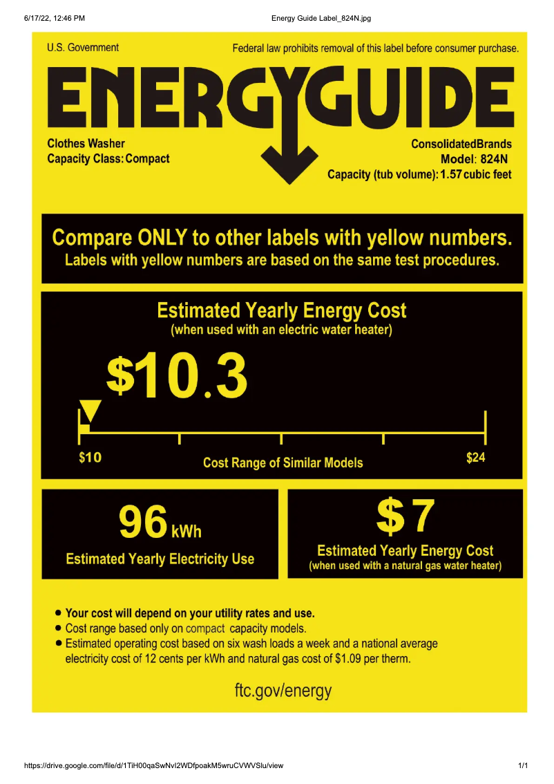 Page 1 de la notice Label énergétique Equator EW 824