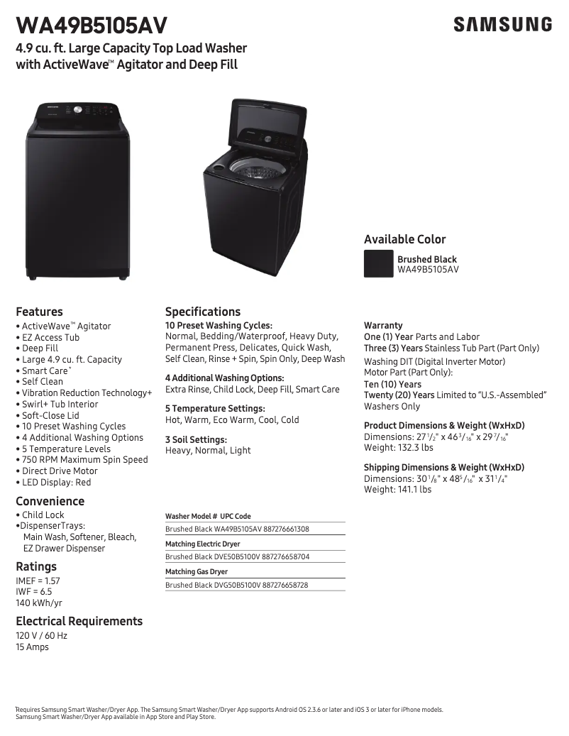 Page 1 de la notice Fiche technique Samsung WA49B5105AV