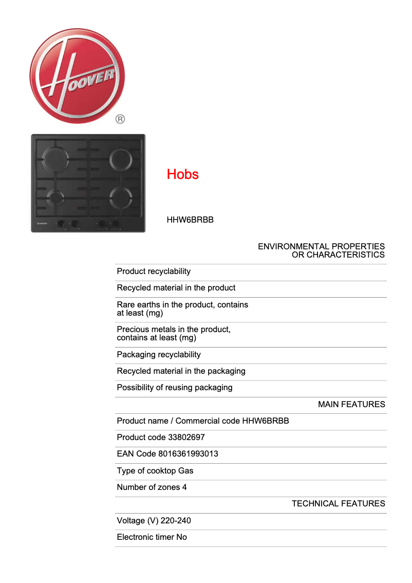 Page n°1 - Fiche technique Hoover HHW6BRBB