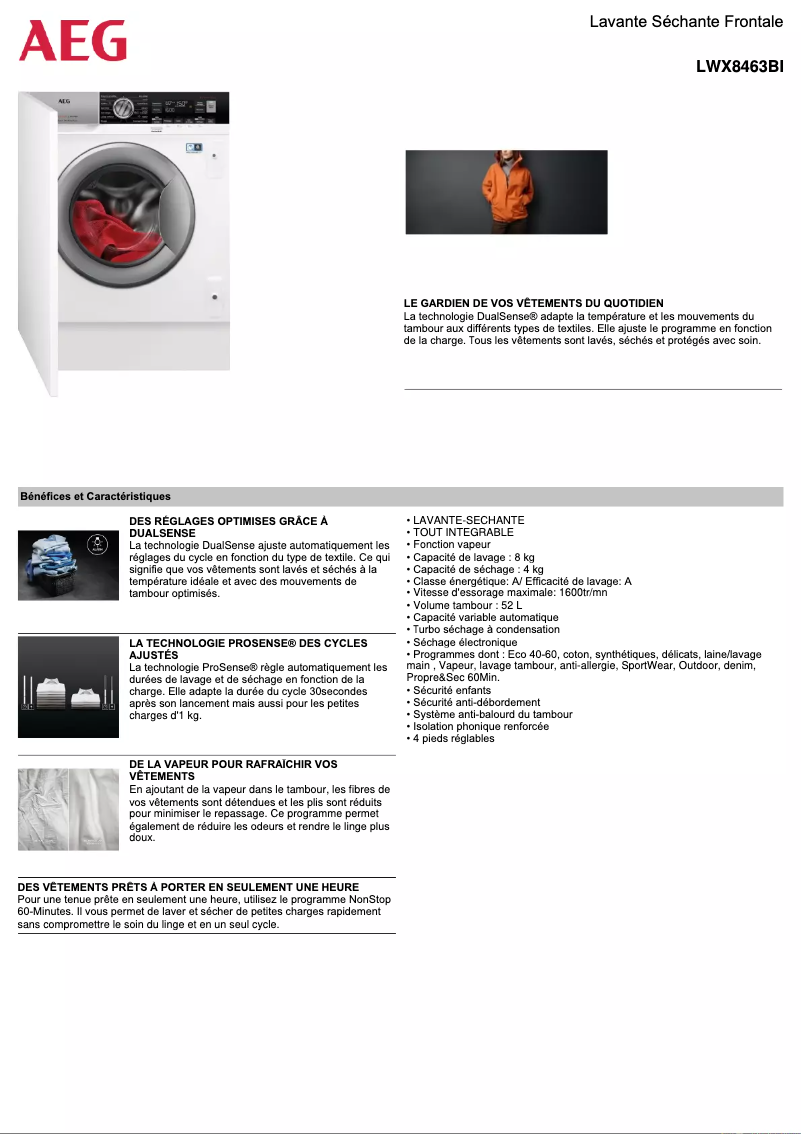 Page 1 de la notice Fiche technique AEG LWX8463BI