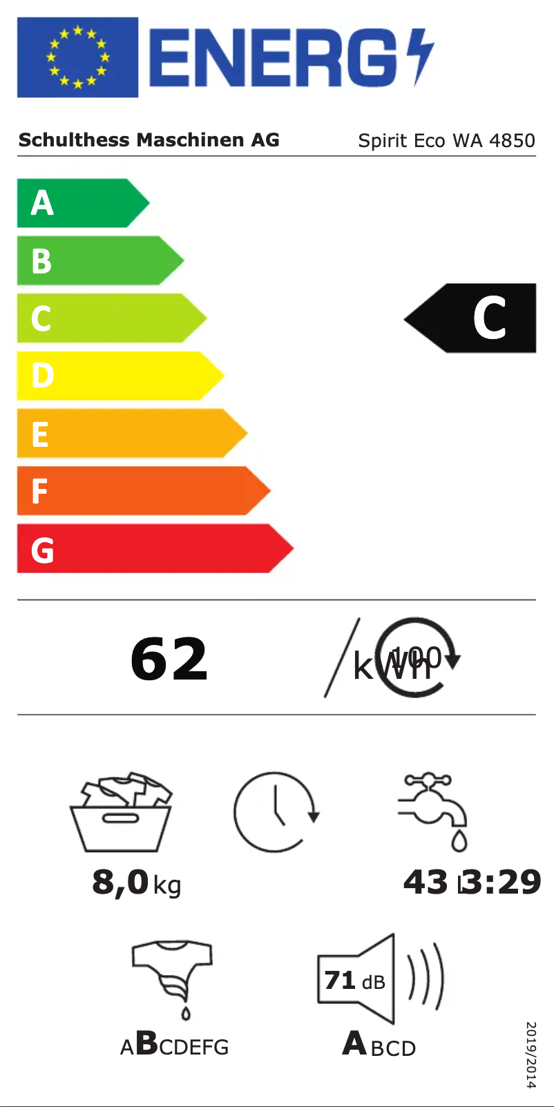 Page 1 de la notice Label énergétique Schulthess Spirit Eco WA 4850