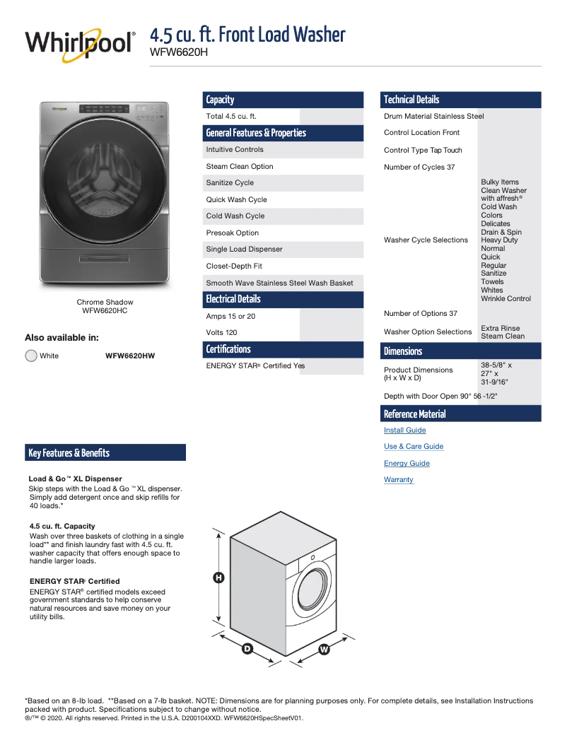 Page n°1 - Fiche technique Whirlpool WHLAUWED6620HW
