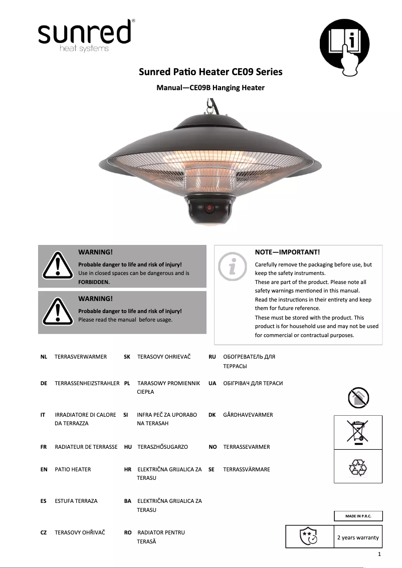 Page 1 de la notice Manuel utilisateur SunRed CE09B