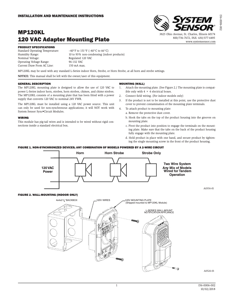 Page 1 de la notice Manuel utilisateur System Sensor MP120KL