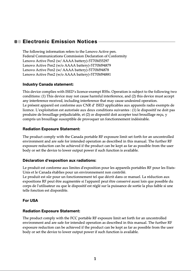 Page 1 de la notice Manuel utilisateur Lenovo Active Pen 2