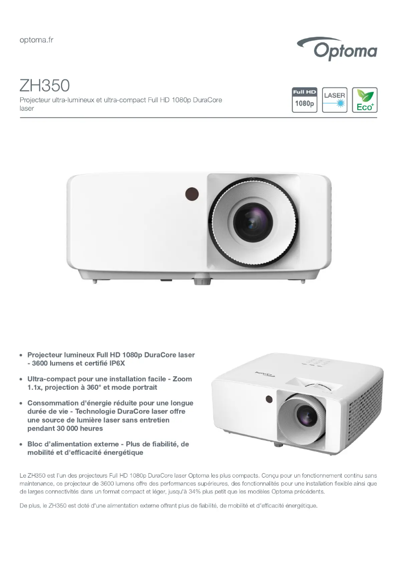 Page 1 de la notice Fiche technique Optoma ZH350