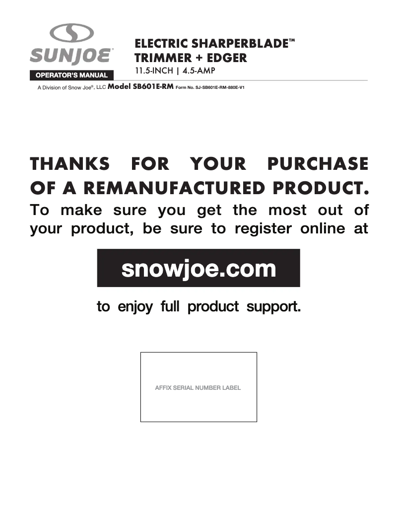 Page 1 de la notice Manuel utilisateur Sun Joe SB601E-RM