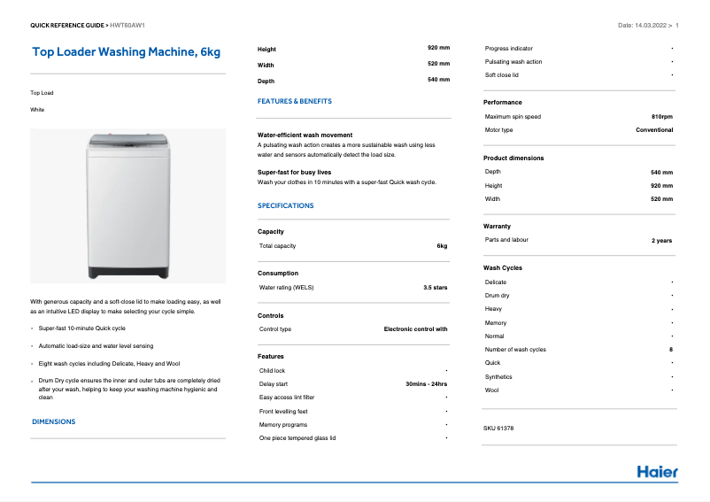 Image de la première page du manuel de l'appareil HWT60AW1