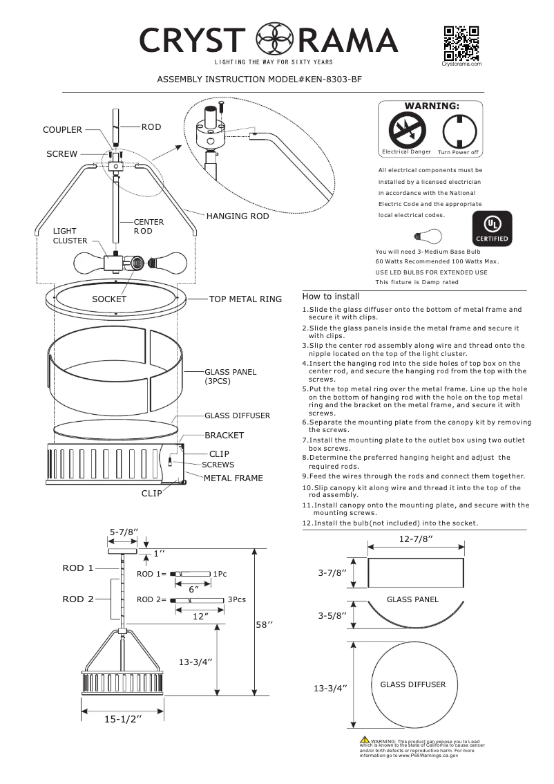 Page 1 de la notice Manuel utilisateur Crystorama Kendal KEN-8303-BF
