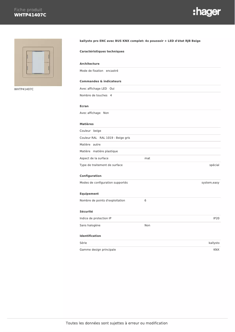 Page 1 de la notice Fiche technique Hager WHTP41407C