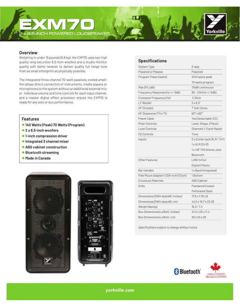 Página 1 del manual Ficha técnica Yorkville Excursion Mini EXM70