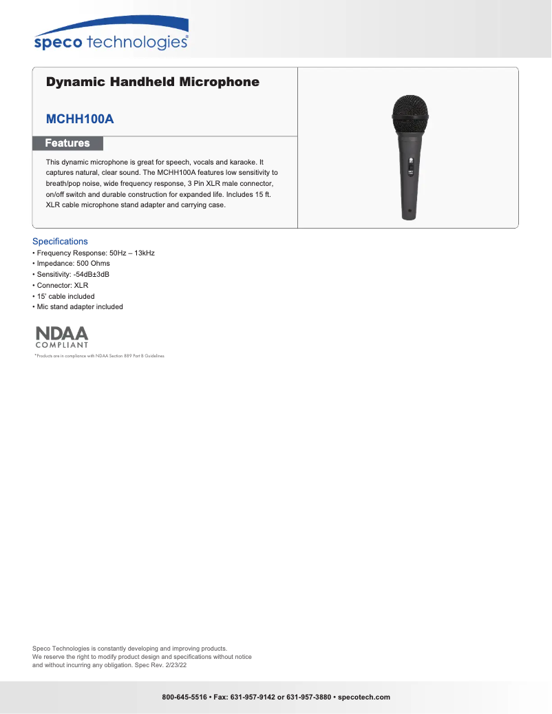 Page 1 de la notice Fiche technique Speco Technologies MCHH100A