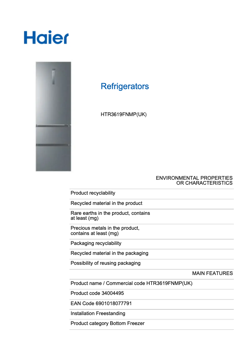 Page n°1 - Label énergétique Haier HTR3619FNMP