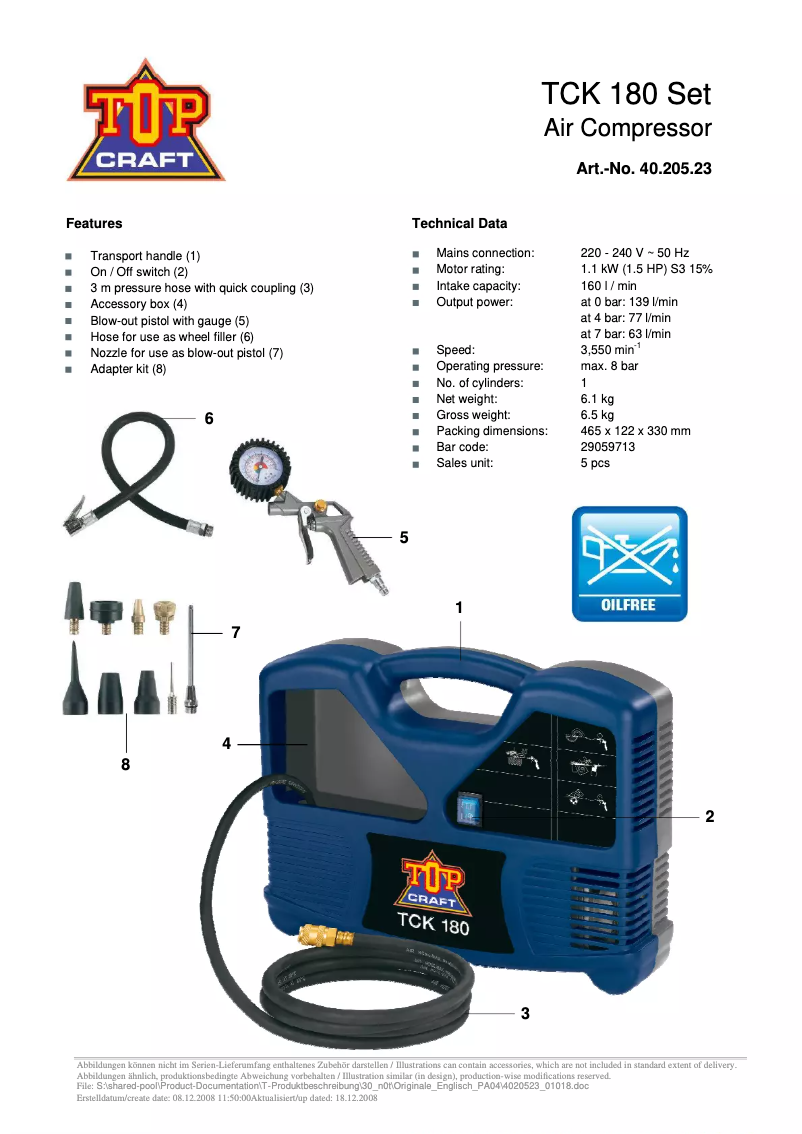 Page n°1 - Manuel utilisateur Topcraft TCK 180 Set