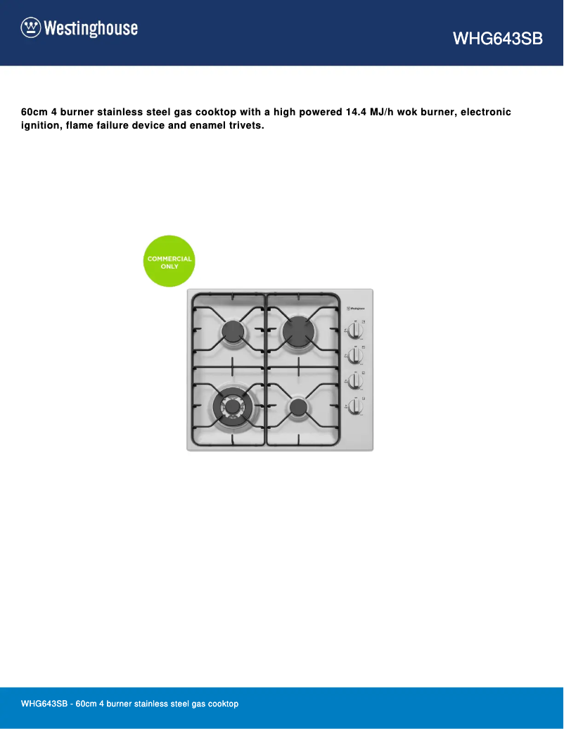 Page n°1 - Fiche technique Westinghouse WHG643SB