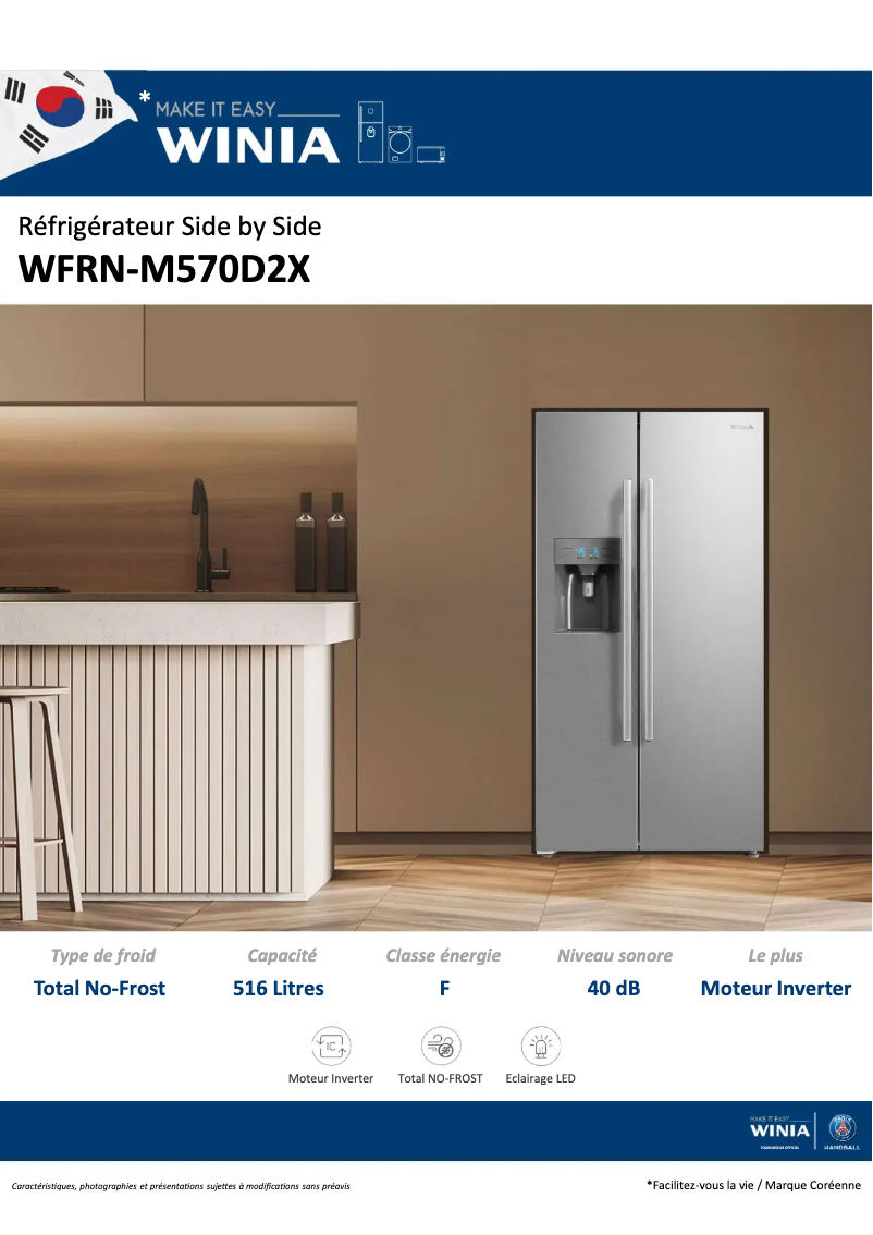 Page 1 de la notice Fiche technique Winia WFRN-M570D2X