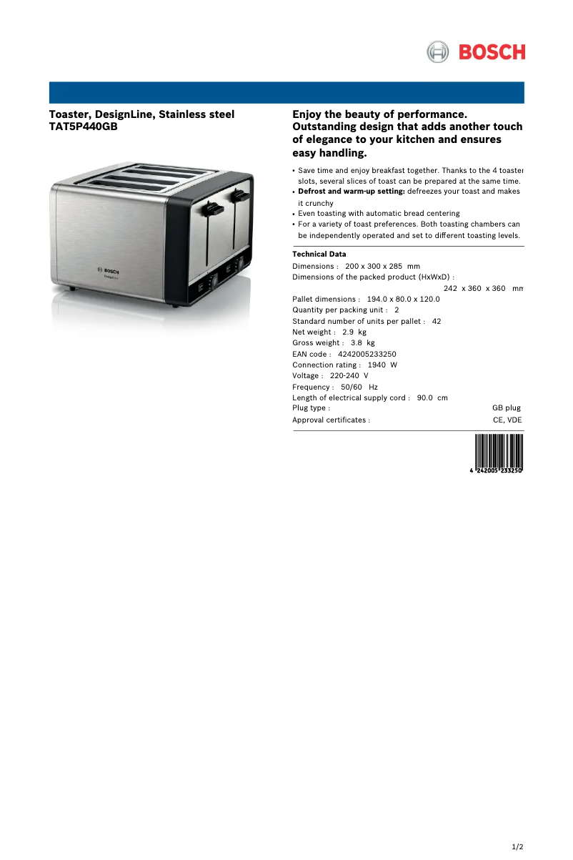 Página 1 del manual Ficha técnica Bosch TAT5P440GB