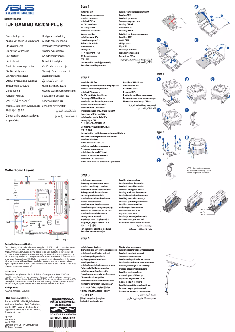 Page 1 de la notice Guide de démarrage rapide Asus TUF Gaming A620M-PLUS