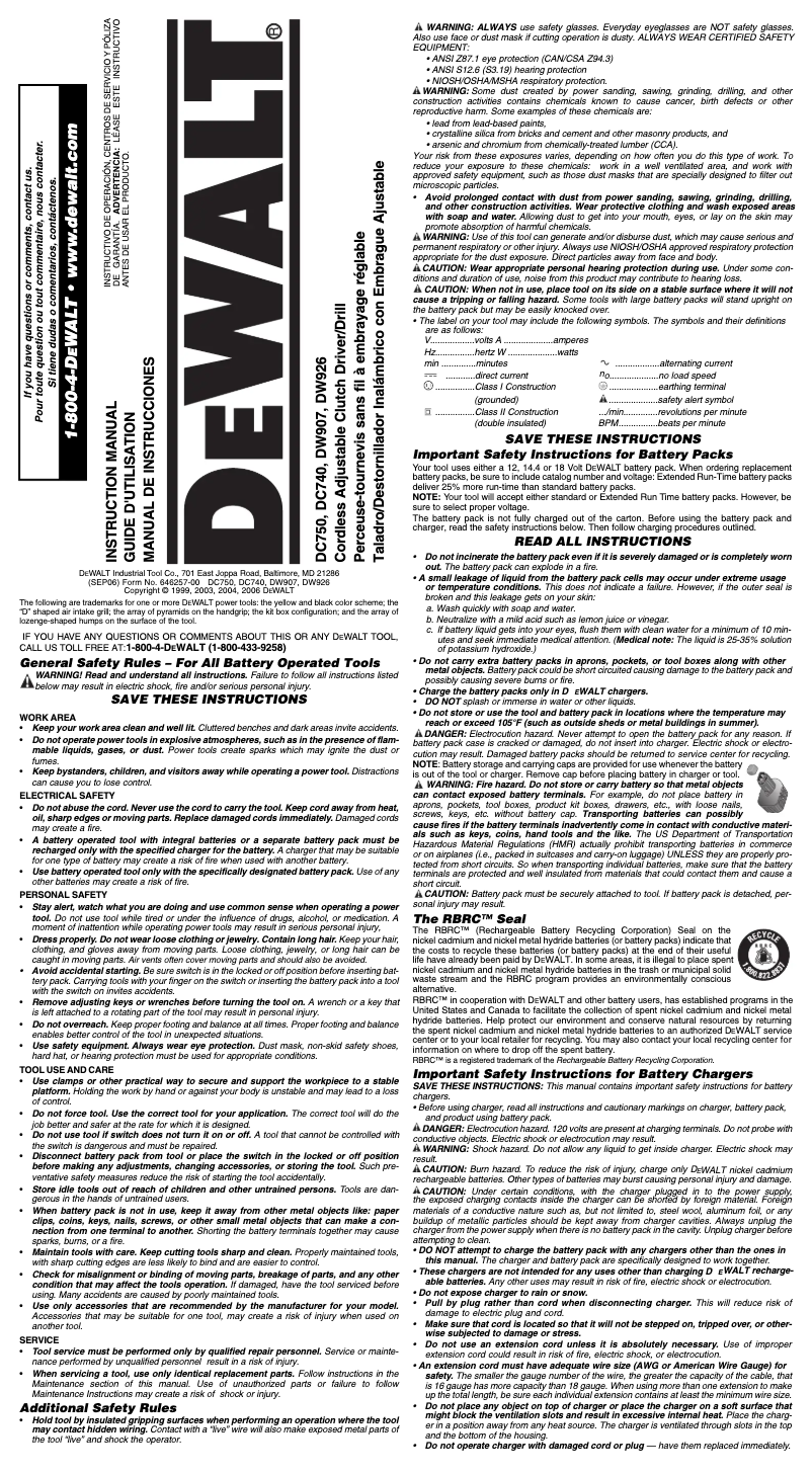 Page 1 de la notice Manuel d'utilisation et d'entretien DeWalt DC750KA