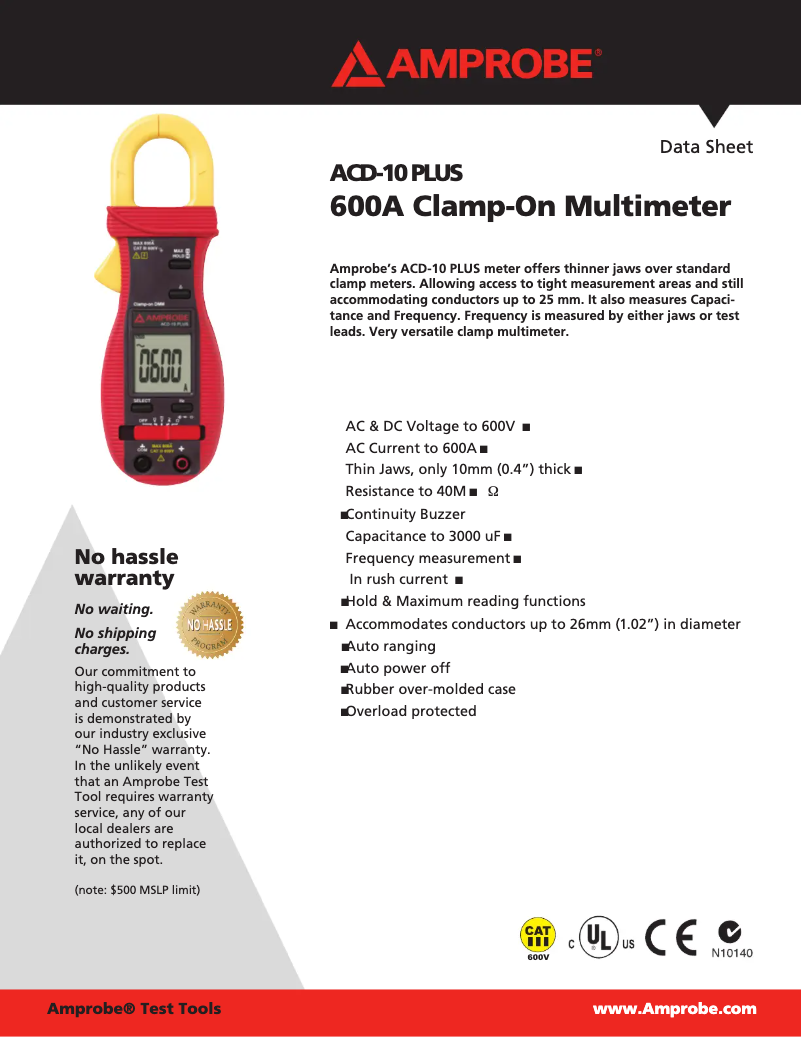Page 1 de la notice Fiche technique Amprobe ACD-10-PLUS