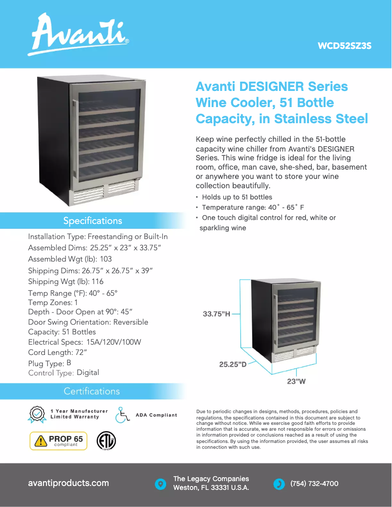 Page 1 de la notice Fiche technique Avanti WCD52SZ3S