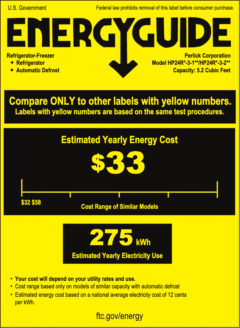 Page 1 de la notice Label énergétique Perlick HP24RS-3-1L
