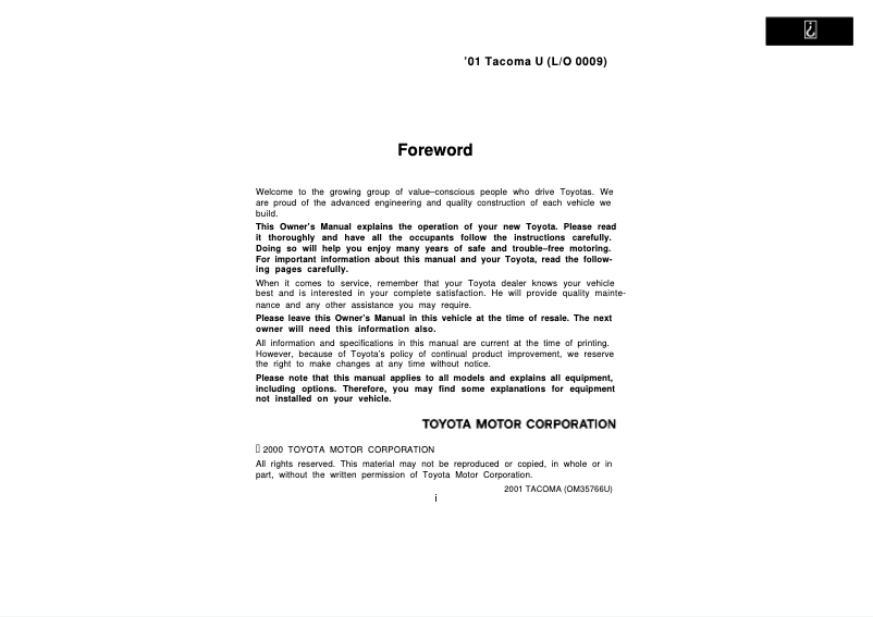 Image de la première page du manuel de l'appareil Tacoma (2001)