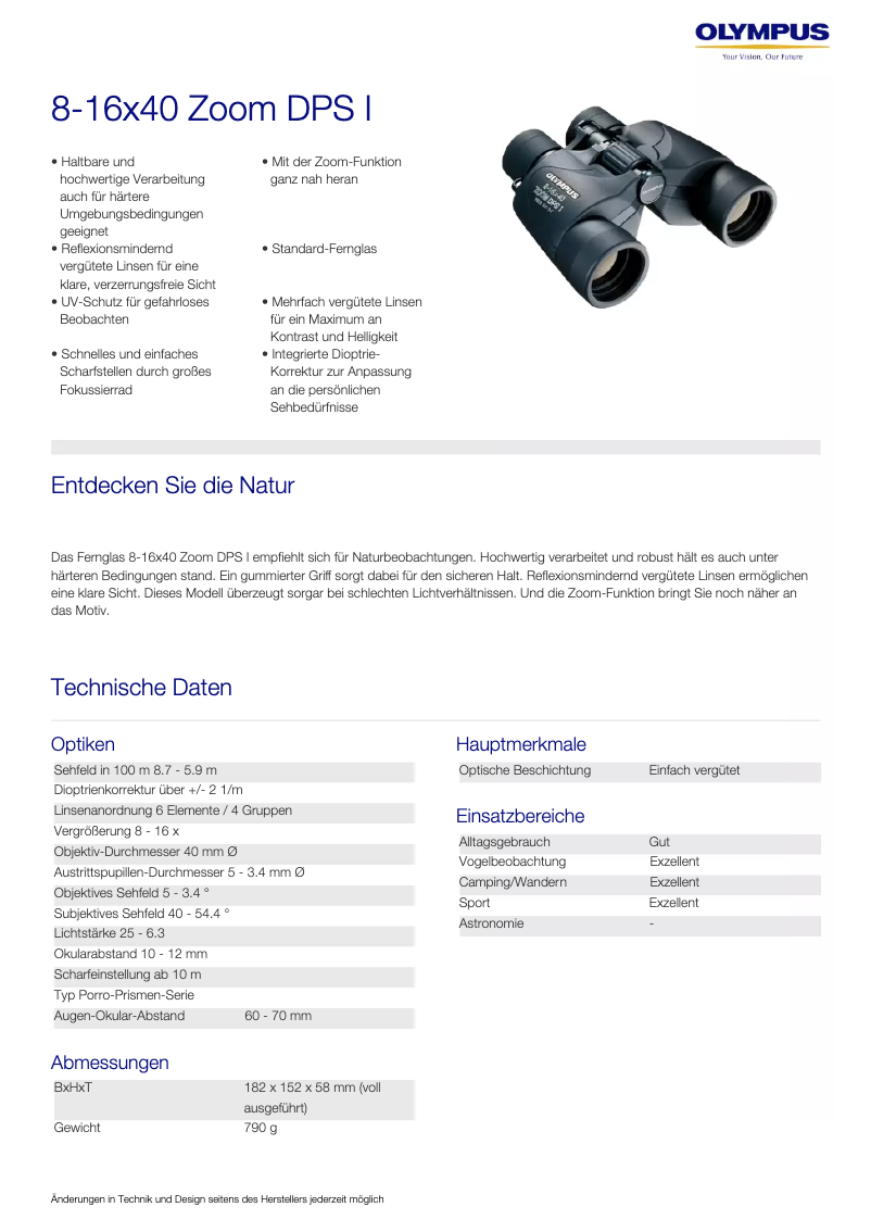 Page 1 de la notice Fiche technique Olympus 8-16x40 Zoom DPS I