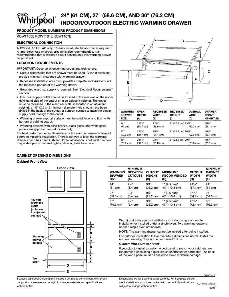 Page 1 de la notice Fiche technique KitchenAid KOWT107ESS