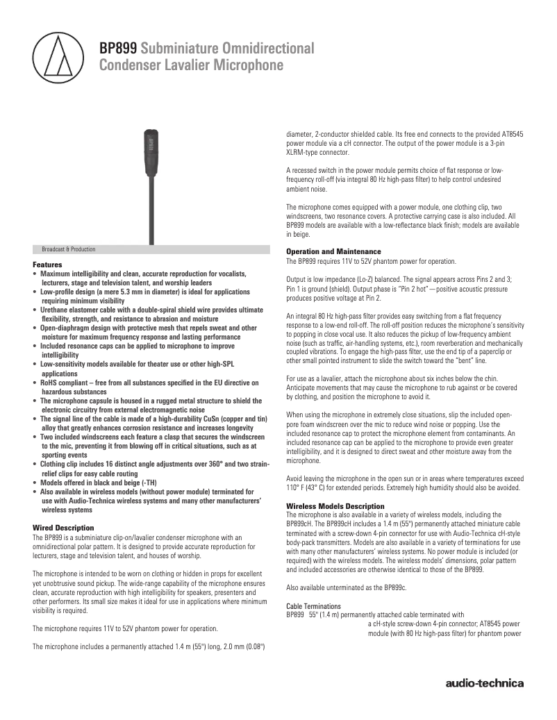 Page 1 de la notice Fiche technique Audio-Technica BP899