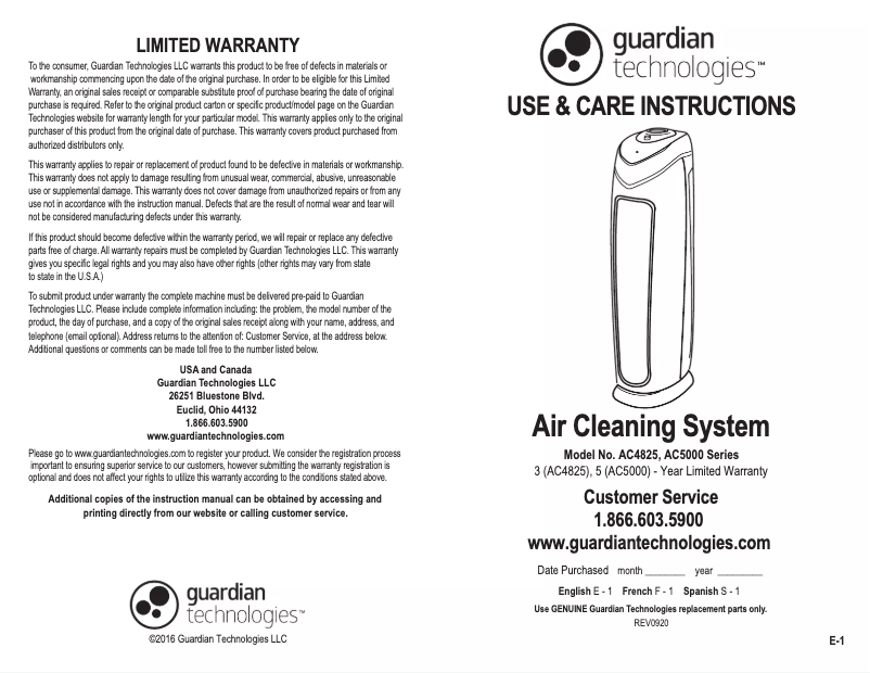 Page n°1 - Manuel utilisateur Guardian AC5000