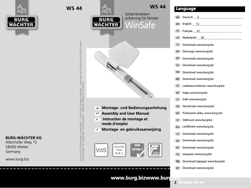 Image de la première page du manuel de l'appareil WinSafe WS 44