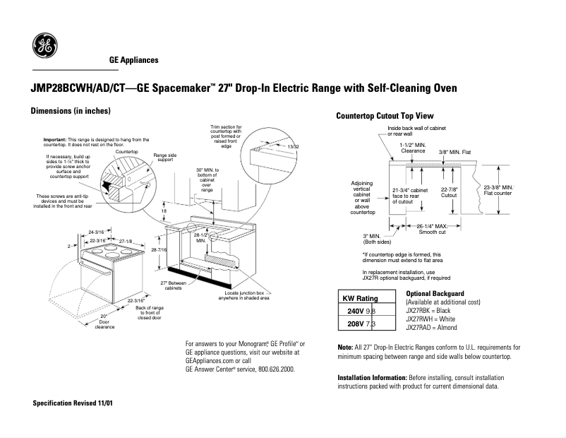 Página 1 del manual Ficha técnica GE JMP28BCWH