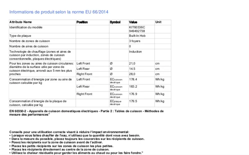 Page 1 de la notice Fiche technique Electrolux KIT60336C