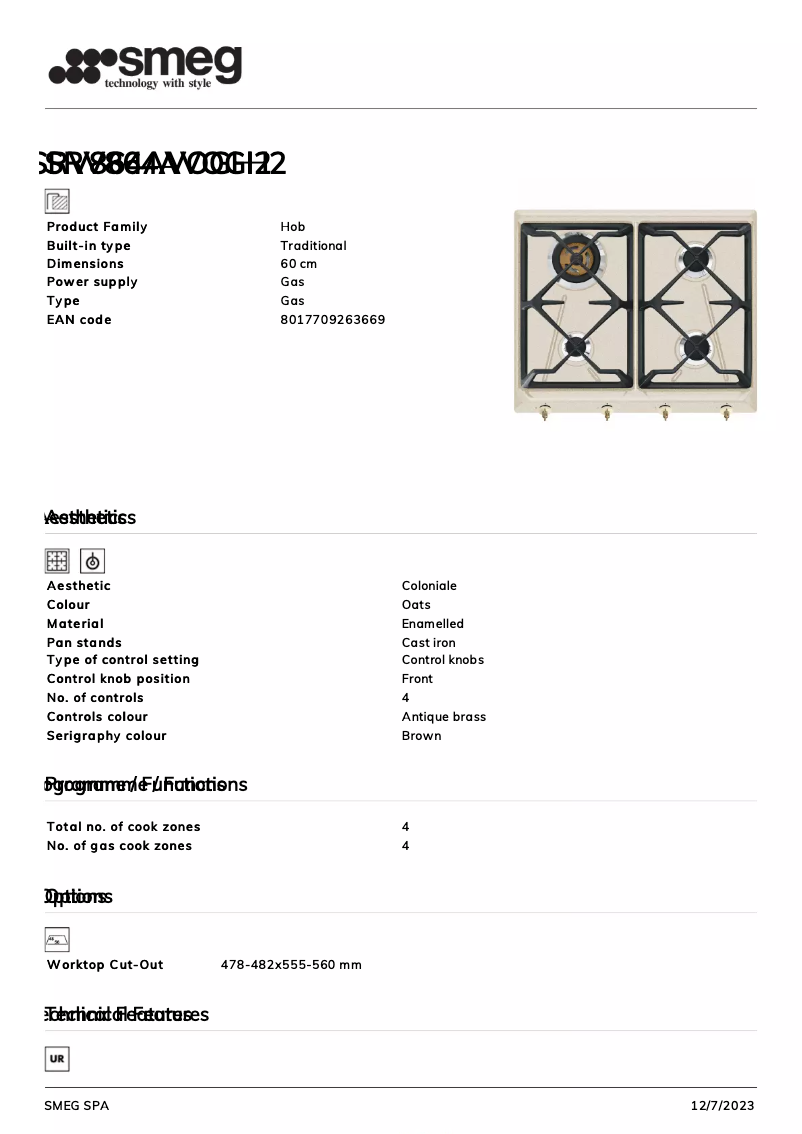 Page 1 de la notice Fiche technique Smeg SRV864AVOGH2
