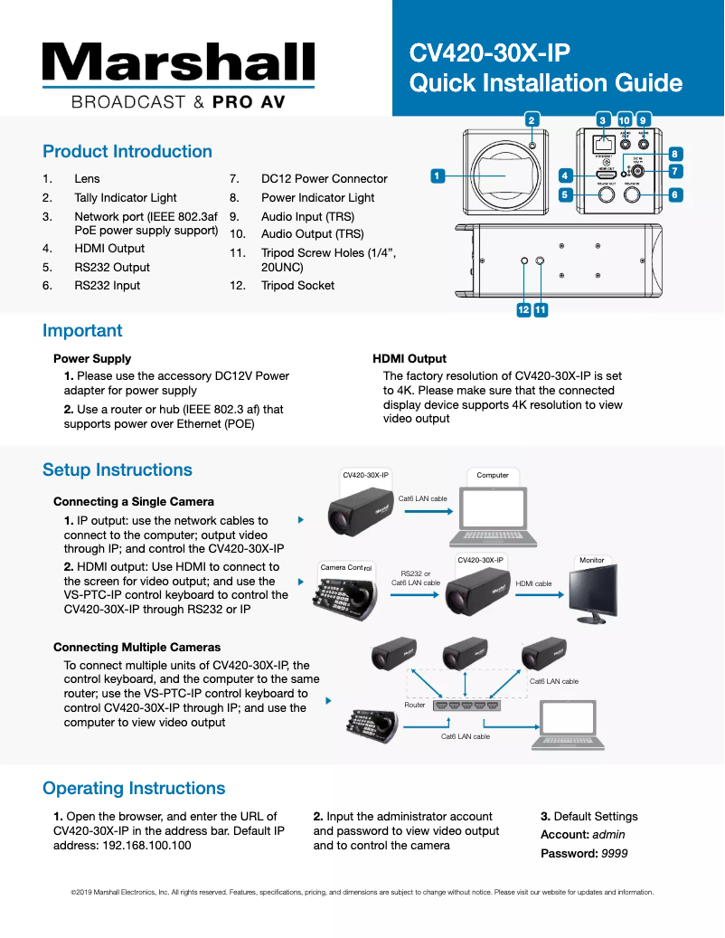 Page n°1 - Manuel utilisateur Marshall Electronics CV420-30X-IP