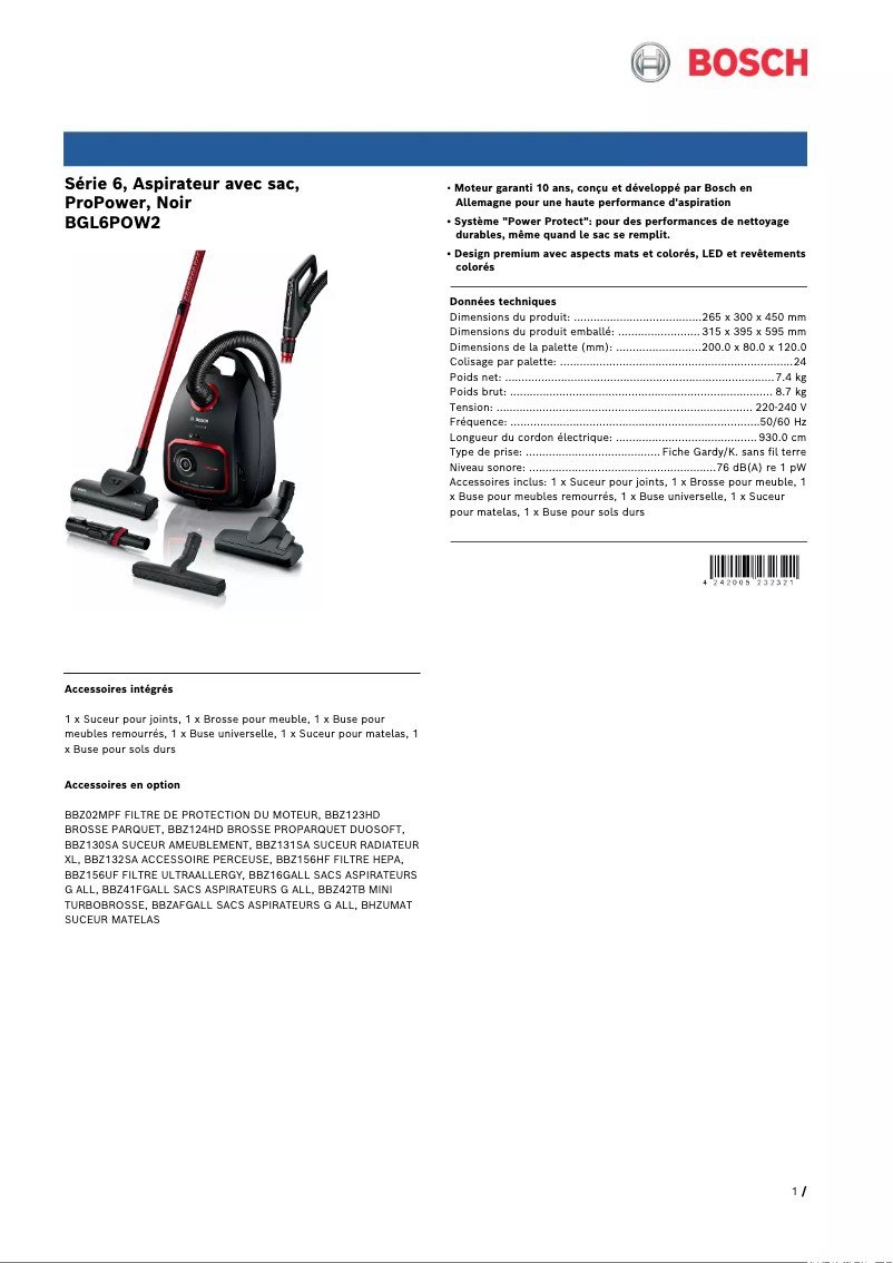 Page 1 de la notice Fiche technique Bosch BGL6POW2