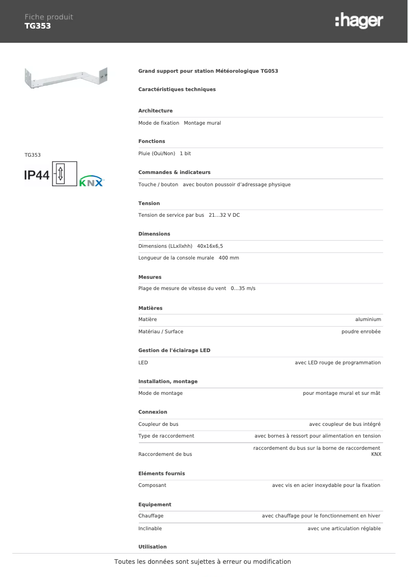 Page n°1 - Fiche technique Hager TG353