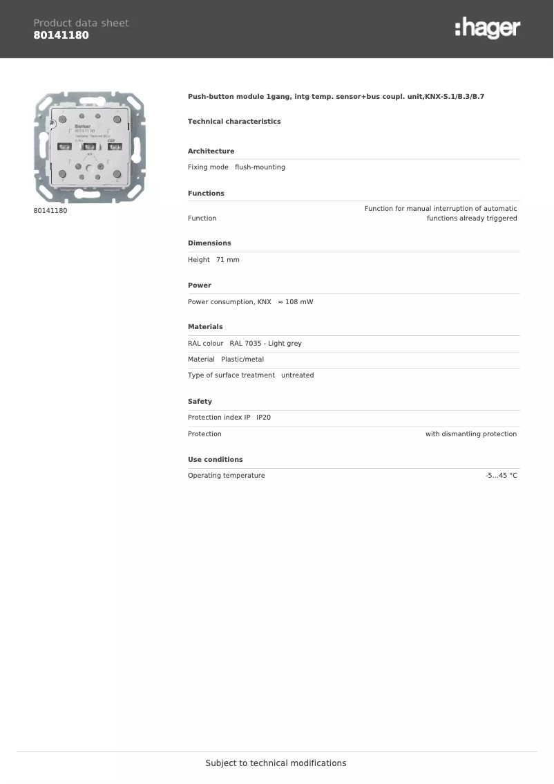 Page 1 de la notice Fiche technique Berker 80141180