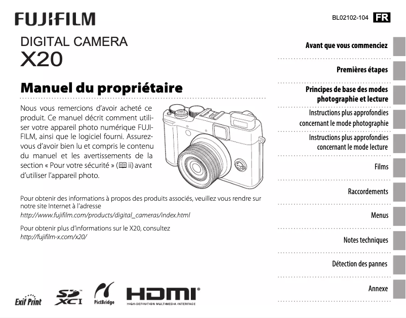 Page 1 de la notice Manuel utilisateur Fujifilm FinePix X20