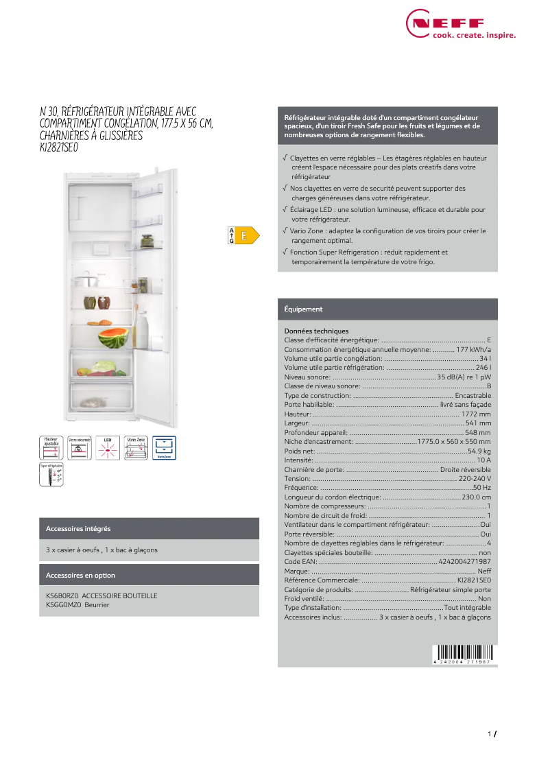 Page n°1 - Fiche technique Neff KI2821SE0