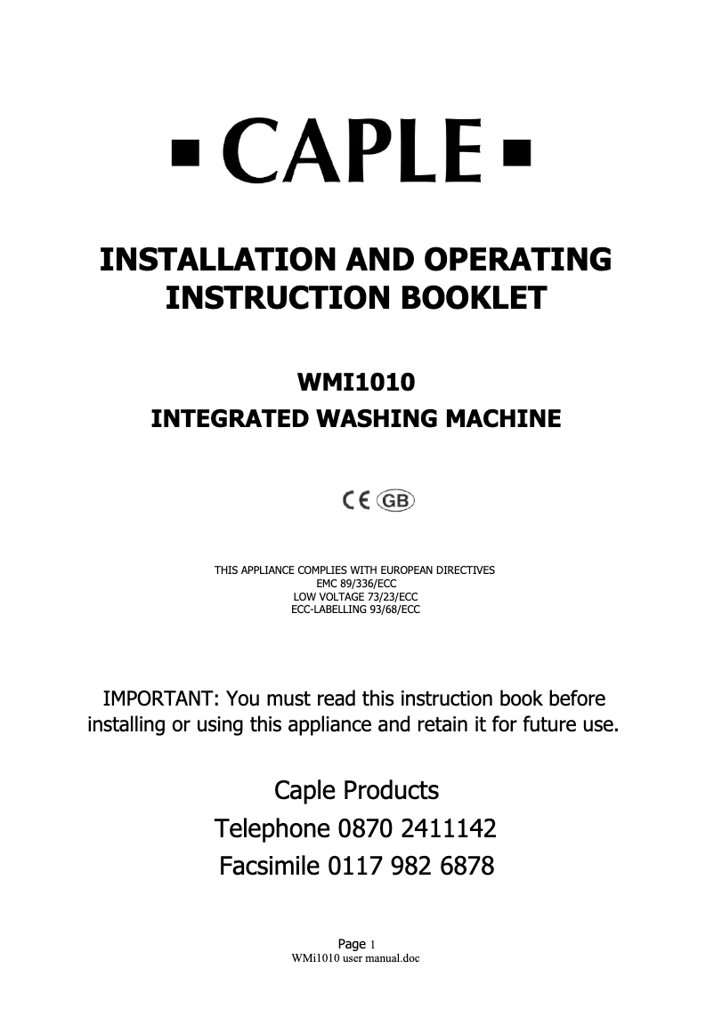 Page 1 de la notice Manuel utilisateur Caple WMi1010